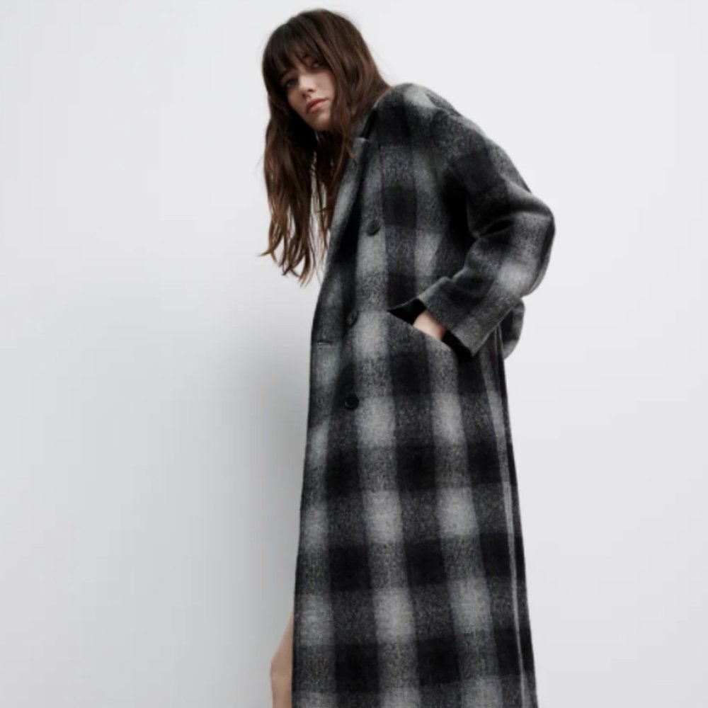 ZARA Women New PLAID CHECK DOUBLE BREASTED MANTECO 100% WOOL COAT Gray L